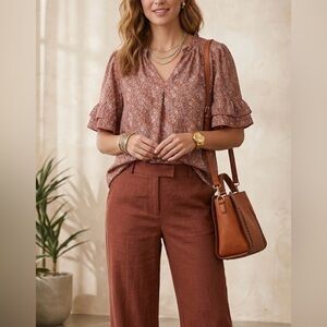 Max Studio Blouse L Brown Floral V-Neck Ruffle Short Sleeve Western Boho